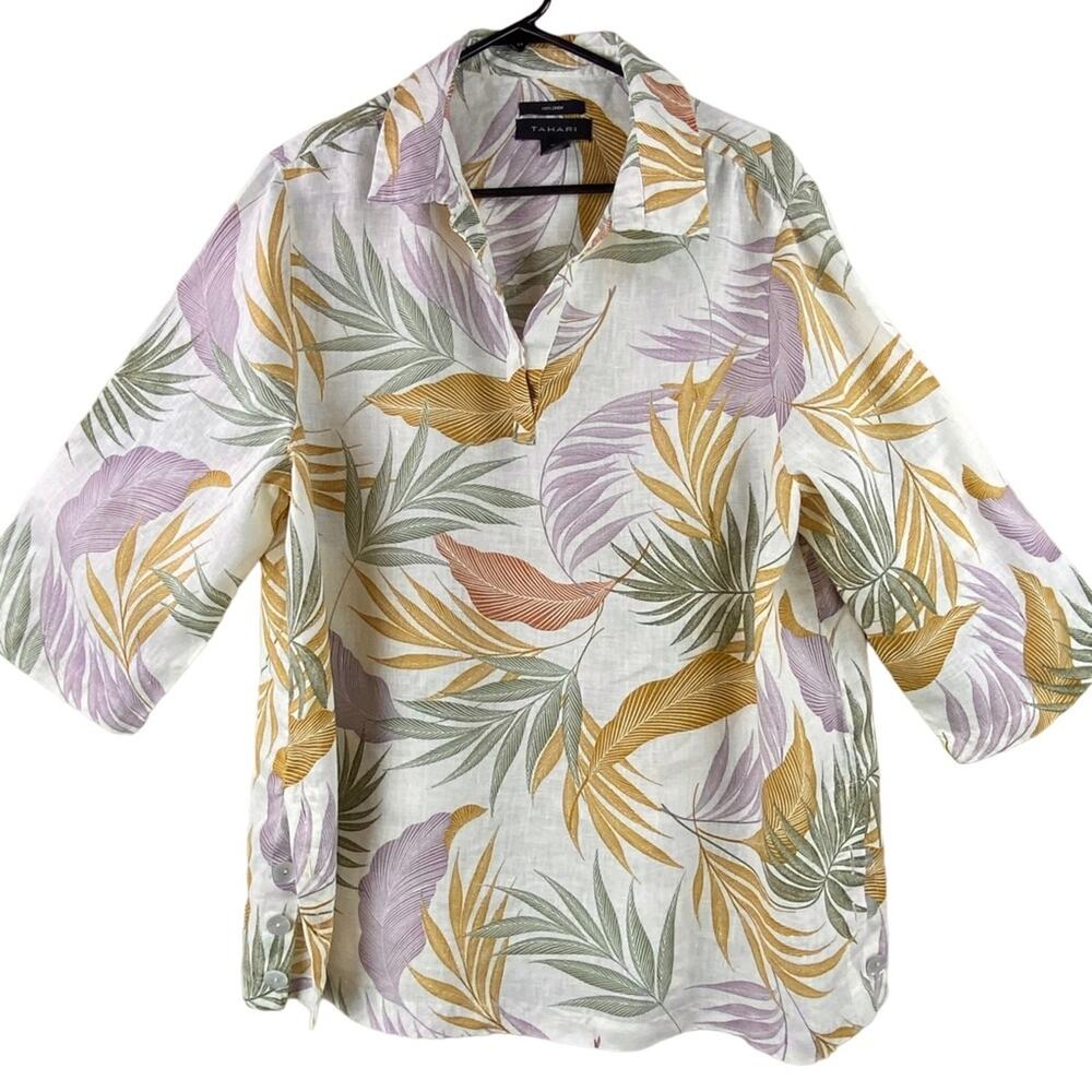 Tahari 100% Linen Tropical Leaf Tunic Blouse Size 1X Lightweight Beach Lounge